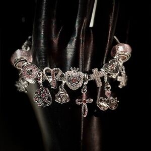 Silver and Pink MOM and Cross Charm Bracelet